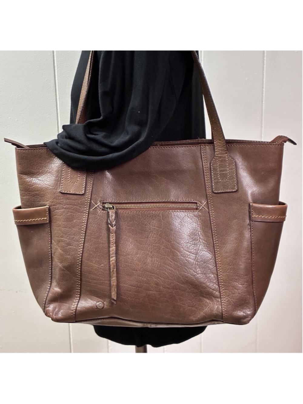 BORN Genuine Leather Large Brown Zip Tote Shoulder Bag Boho Distressed Rustic